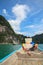 Point of view of Cheow Lan lake from long tail boat at Khao Sok National Park