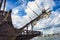 Point view from dock of Armada exhibition greatest sailboats at Rouen on Seine river. International meeting for biggest old