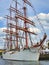 Point view from dock of Armada exhibition greatest sailboats at Rouen on Seine river. International meeting for biggest old