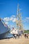 Point view from dock of Armada exhibition greatest sailboats at Rouen on Seine river. International meeting for biggest old