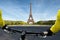 Point of view handle of a bicycle near Eiffel tower in Paris, Fr