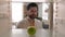 Point of view from inside refrigerator POV empty fridge Caucasian adult man looking inside sad with only one apple need