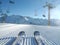 Point of view skiing: two ski   on a ski track with copy space for your text