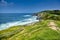 Pointe Saint Barbe of Saint jean de Luz, Basque Country. Atlantic Coast. Coastline, ocean waves, hill, green grass and pathway