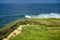 Pointe Saint Barbe of Saint jean de Luz, Basque Country. Atlantic Coast. Coastline, ocean waves, hill, green grass and pathway.