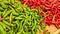 Pointed red and green peppers, in vivid contrast colours, displayed on food market.