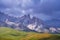 Pointed stone peaks in the dolomite mountains, on a spring day in the Kelinshyktau Mountains, the Karatau massif in the south of