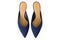 Pointed toe mules shoes in navy blue. Slip on flat shoes made of fabric, top view