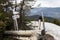 Pointer at the crossroads in the mountains, Montenegro, Carpathians. The inscription on the table