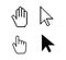 Pointer cursor icons. Web arrows cursors, mouse clicking and grab hand pixel icon. Computer pointers, internet cursor