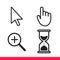 Pointer hand, arrow, hourglass loading clock mouse, magnifier cursors icon sign.
