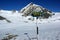 A pointer to the crossroads to Meshokanto pass, Annapurna region, Nepal.