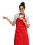 Pointing brazilian waitress or female clerk