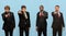 Pointing, choosing. Collage of portraits of four men in dark suits isolated over light blue studio background.