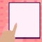 Pointing Finger Empty Screen Tablet Representing Planning Future Projects. Woman Points Portable Device Demonstrating