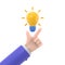 Pointing finger up on bulb as a symbol big idea. Having new creative idea. Problem solution metaphor.3d illustration flat design.