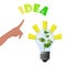 Pointing hand to plant grow inside the lamp - light and inspirations for business idea to make money and growing to top