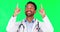 Pointing, show and doctor with man on green screen for advertising, deal and idea. Healthcare, medical and medicine with