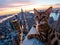 A poised cat overlooking a vibrant cityscape at dusk, symbolizing urban exploration and the wonder of city life