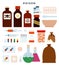 Poison, toxic substances, meds, liquids, tablets, capsules, powders in different forms. Set of vector icons, isolated on