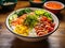 Poke bowl on wooden table. Tuna Poke bowl with mango, prawns, cucumber, green sea weeds, green onion and rice. Sushi bowl close up