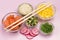 Poke traditional Hawaiian raw red fish salad, bamboo chopsticks. Organic healthy nutrition