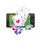 Poker chips and cards flying out of smartphone. Online casino concept