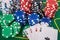 Poker chips with playing cards on table for blackjack. Casino and gambling