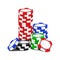 Poker chips stack. 3D realistic blackjack money token. Vegas or Macau casino piles. Roulette win circles. Gamblers