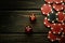 Poker dice on a black vintage table and chips from winnings. Free space for advertising