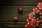 Poker dice on a black vintage table and chips from winnings. Free space for advertising. Gambling in craps