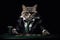 Poker Face Cat In Suit And Sunglasses On Black Background. Generative AI
