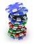 Poker gambling chips falling in pile top view