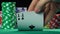 Poker game, player holding winning hand, pair of aces. Successful person, winner