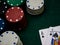 poker game table, ace and jack blackjack score with stack of playing chips