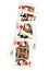 A poker hand of playing cards showing a full house.