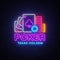 Poker neon sign design vector template. Casino Poker Texas Holdem Night Logo, Bright Neon Signboard, Design Element for