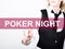 Poker night written on virtual screen. technology, internet and networking concept. woman in a black business shirt