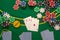 Poker play cards and chips on green table