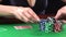Poker player goes all-in and showing two aces. Concept of gambling, risk, luck, win, fun, and entertainment. Prores 4k.