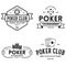 Poker related labels emblems badges design elements set. Texas holdem poker club tournament logotype collection