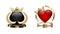 Poker tournament emblem logo isolated on white background. Black spades in golden crown and laurel wreath. Royal red hearts on