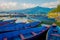 Pokhara, Nepal - September 04, 2017: Beautiful view of blue boats lakeshore in Pokhara city , Nepal