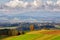 Poland autumn hills. Sunny October day in mountain village