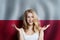 Poland concept with happy Surprised cute girl with Polish flag background. Travel and education concept