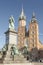 Poland, Krakow, Mickiewicz Monument, st Mary Curch Towers, Midday