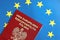 Poland passport of European Union on blue flag background close up. Tourism and citizenship