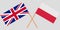 Poland and UK. Crossed Polish and England flags. Official colors. Correct proportion. Vector