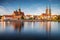 Poland, Wroclaw cityscape. Wroclaw historic old town by Odra river. The Cathedral of St. John the Baptist at the sunset.