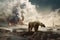 A polar bear amidst a desolate landscape, with industrial fires burning in the background. Concept: the impact of